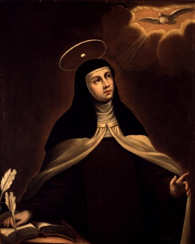 Saint Theresa of Avila writing in a book while looks at a dove descending in a cloud from Heaven
