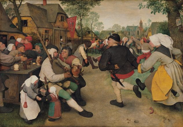 Painting from the Renaissance of peasants dancing, eating, and playing musical instruments.