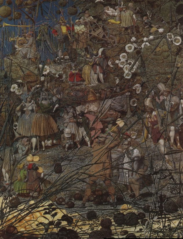 A painting of many people in a wilderness with shrubs, flowers and very small people, fairies.