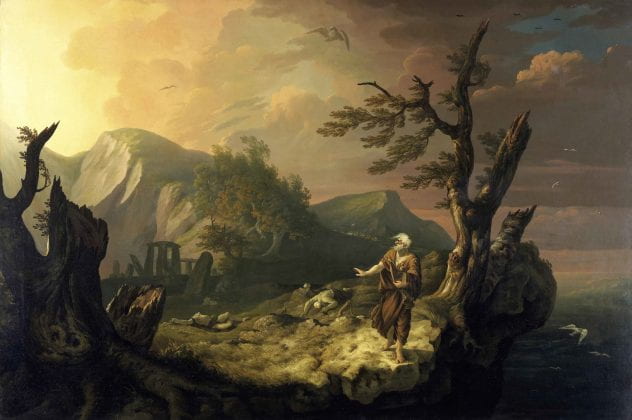 Painting of a man in a mountainous wilderness, standing by a tree, with a harp in his hands and two dead bodies in front of him.