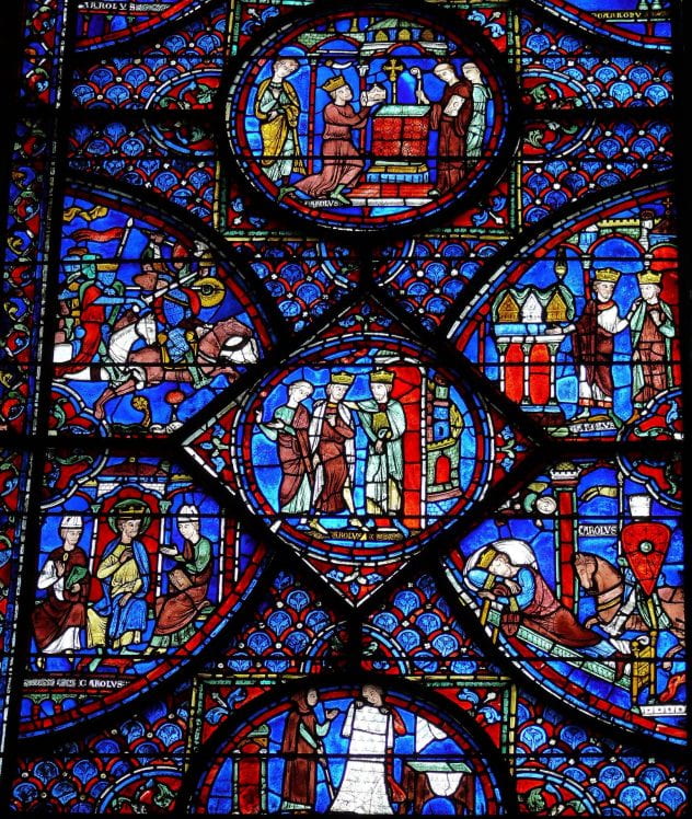 Stained glass window from Chartres Cathedral depicting the life of Charlemagne