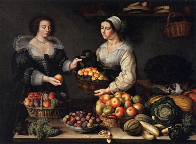 A Painting of two women one buying the other selling fruit. The fruit is on a table in front of the women