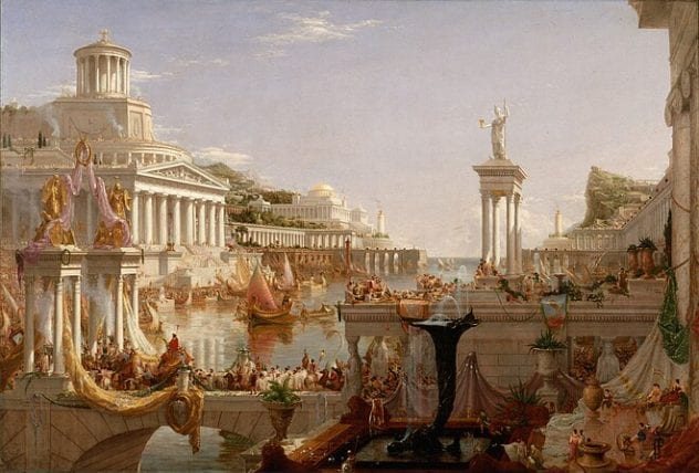 Pointing of a Splendid Classical City with salutary, buildings, very many people and a harbor with ships