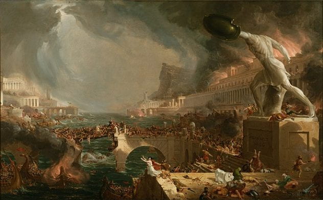 Painting of a classical city at war. It is on fire and there is much destruction