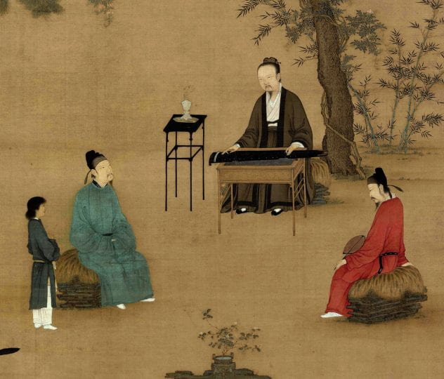 Chinese painting of three people arguing a case before a government official. Official is at desk, 2 plaintive sitting on cushions, one plaintive standing. A tree is in the background